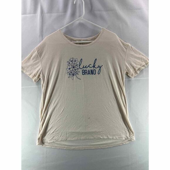 Lucky Brand Women T Shirt Large Cream Short Sleeve Printed Graphic Logo Pullover - Picture 1 of 7